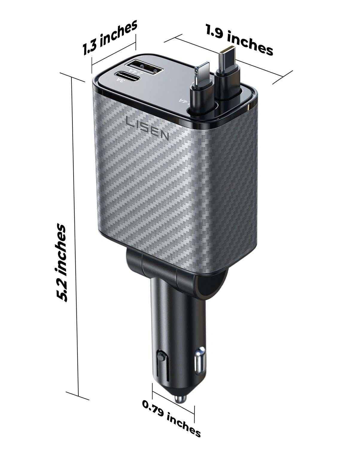 LISEN Retractable Car Charger, 84W Car Charger USB C Fast Charge, 4 in 1 | Cigarette Lighter Adapter, Car Accessories, Birthday Gifts for Men Women Dad Mom Husband, for iPhone 17 16 15 14 13 12 X