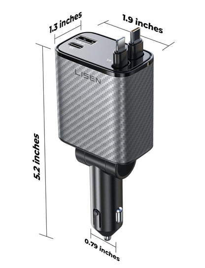 LISEN Retractable Car Charger, 84W Car Charger USB C Fast Charge, 4 in 1 | Cigarette Lighter Adapter, Car Accessories, Birthday Gifts for Men Women Dad Mom Husband, for iPhone 17 16 15 14 13 12 X