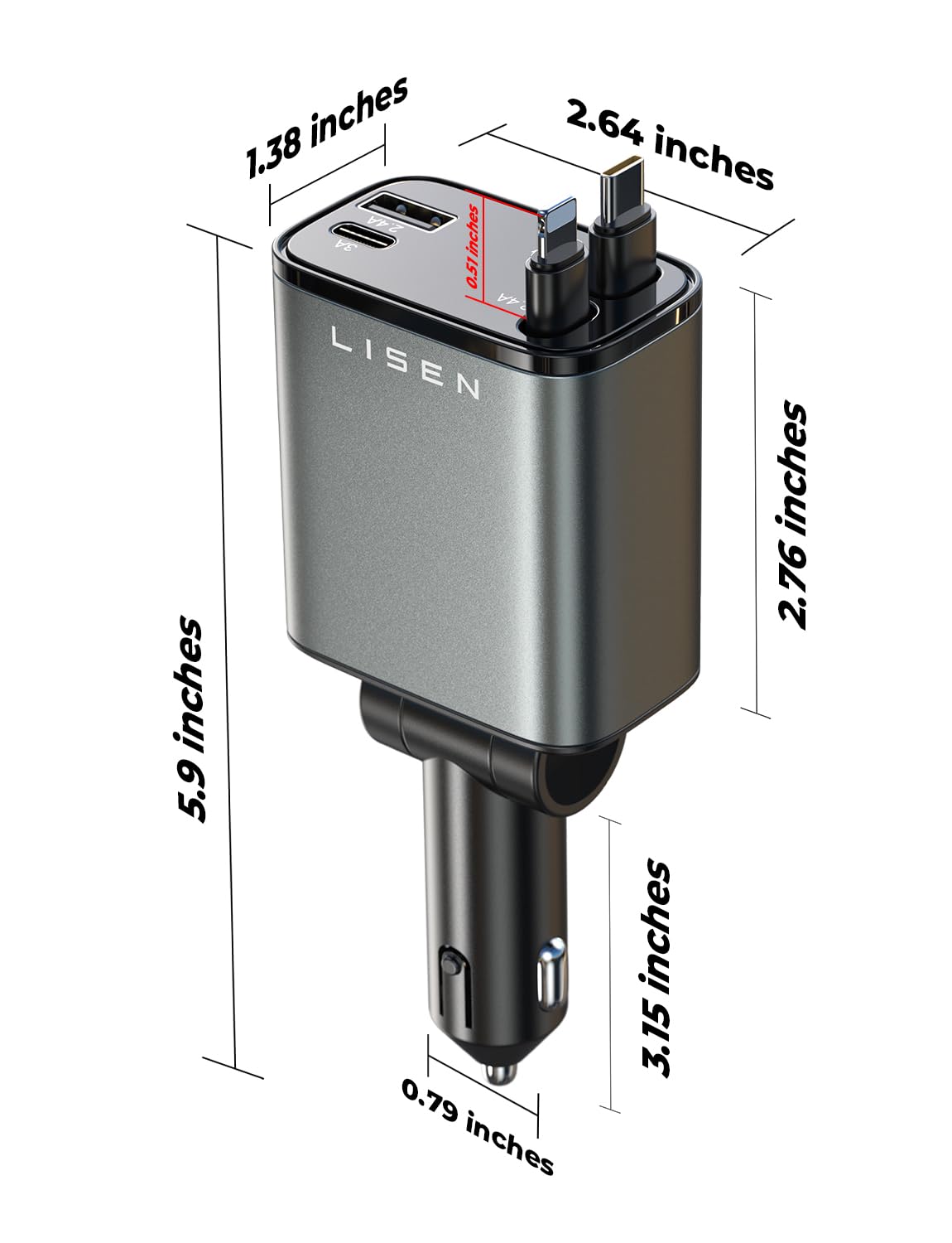 LISEN Retractable Car Charger, 84W Car Charger USB C Fast Charge, 4 in 1 | Cigarette Lighter Adapter, Car Accessories, Birthday Gifts for Men Women Dad Mom Husband, for iPhone 17 16 15 14 13 12 X