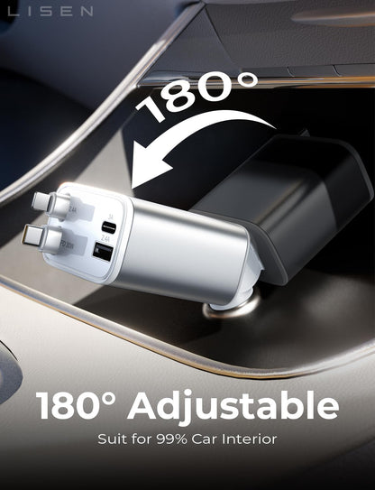 LISEN Retractable Car Charger, 84W Car Charger USB C Fast Charge, 4 in 1 | Cigarette Lighter Adapter, Car Accessories, Birthday Gifts for Men Women Dad Mom Husband, for iPhone 17 16 15 14 13 12 X
