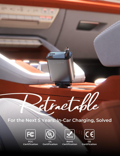 LISEN Retractable Car Charger, 84W Car Charger USB C Fast Charge, 4 in 1 | Cigarette Lighter Adapter, Car Accessories, Birthday Gifts for Men Women Dad Mom Husband, for iPhone 17 16 15 14 13 12 X
