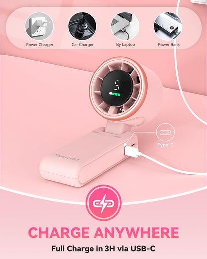 PlayHot Portable Handheld Turbo Fan, Travel Essentials, Gifts for Women/Men | 5-Speed, Up to 12H, 10m/s Airflow, USB-C Rechargeable, LED Display, 3-in-1 Foldable Personal Fan for Cruise, Beach, Vacation