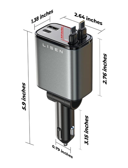 LISEN Retractable Car Charger, 84W Car Charger USB C Fast Charge, 4 in 1 | Cigarette Lighter Adapter, Car Accessories, Birthday Gifts for Men Women Dad Mom Husband, for iPhone 17 16 15 14 13 12 X