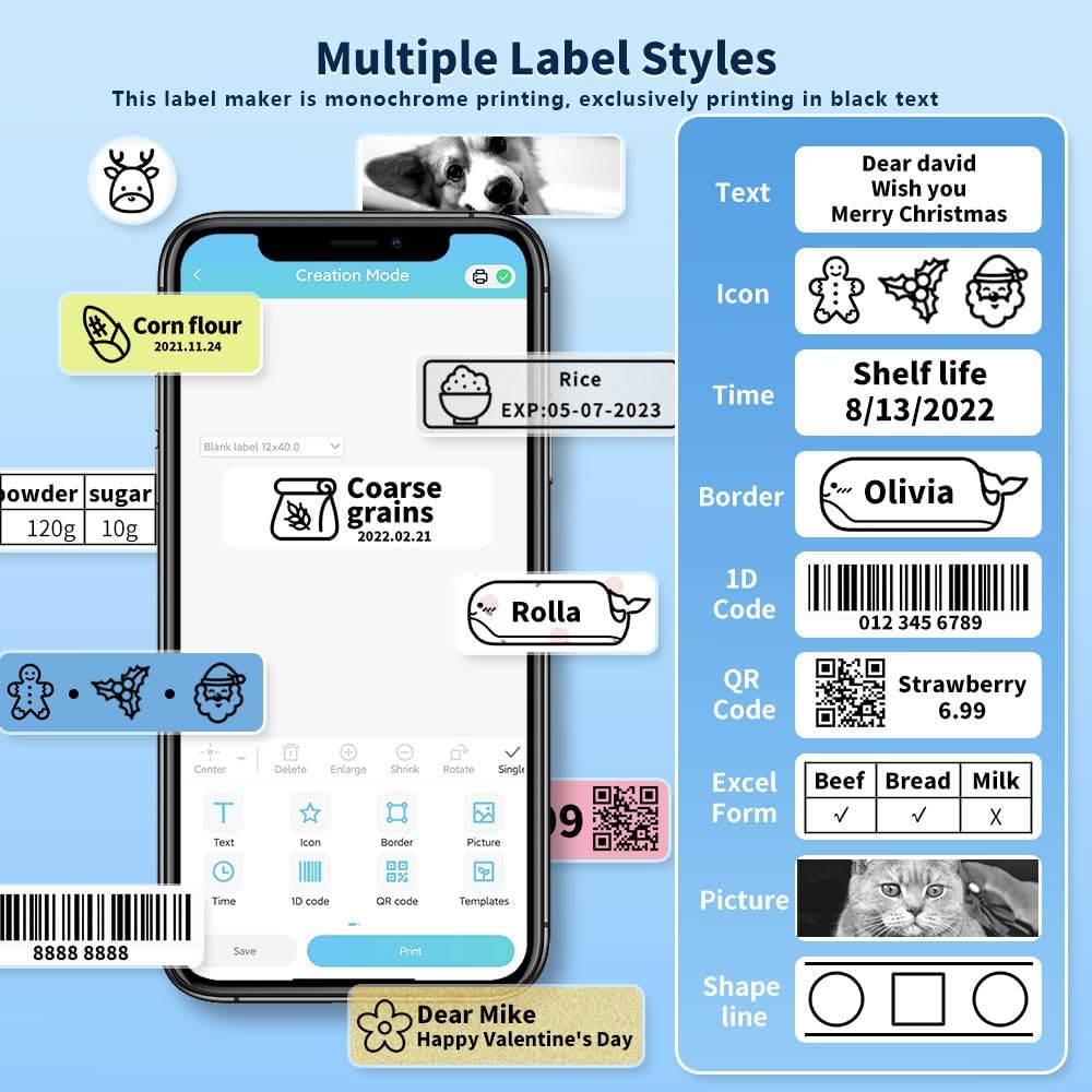 Phomemo Label Maker, Bluetooth Mini Portable Label Printer for Home School | Small Label Maker Machine with Tape, Lightweight Rich Templates Fonts Icons for Home, School Classroom Name Label, Office
