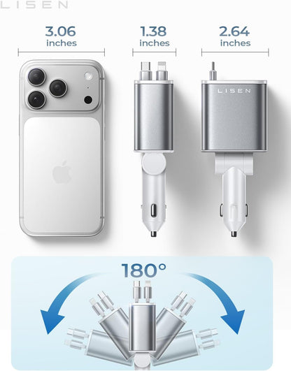 LISEN Retractable Car Charger, 84W Car Charger USB C Fast Charge, 4 in 1 | Cigarette Lighter Adapter, Car Accessories, Birthday Gifts for Men Women Dad Mom Husband, for iPhone 17 16 15 14 13 12 X