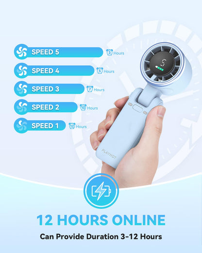 PlayHot Portable Handheld Turbo Fan, Travel Essentials, Gifts for Women/Men | 5-Speed, Up to 12H, 10m/s Airflow, USB-C Rechargeable, LED Display, 3-in-1 Foldable Personal Fan for Cruise, Beach, Vacation