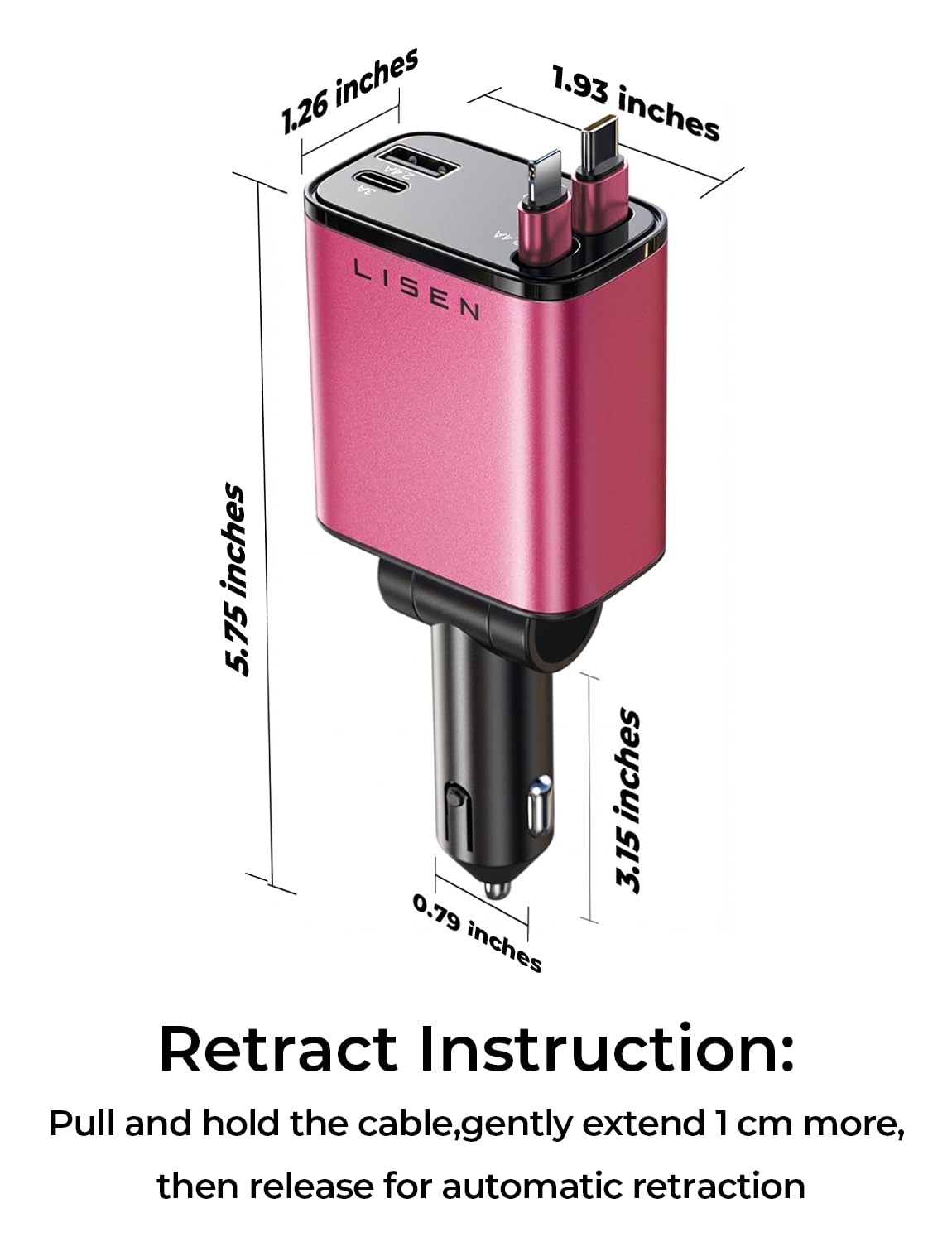 LISEN Retractable Car Charger, 84W Car Charger USB C Fast Charge, 4 in 1 | Cigarette Lighter Adapter, Car Accessories, Birthday Gifts for Men Women Dad Mom Husband, for iPhone 17 16 15 14 13 12 X