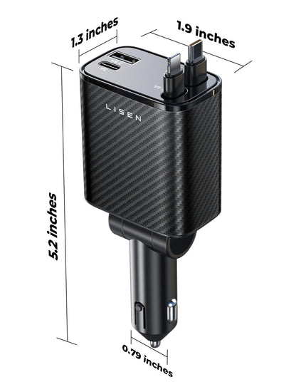 LISEN Retractable Car Charger, 84W Car Charger USB C Fast Charge, 4 in 1 | Cigarette Lighter Adapter, Car Accessories, Birthday Gifts for Men Women Dad Mom Husband, for iPhone 17 16 15 14 13 12 X