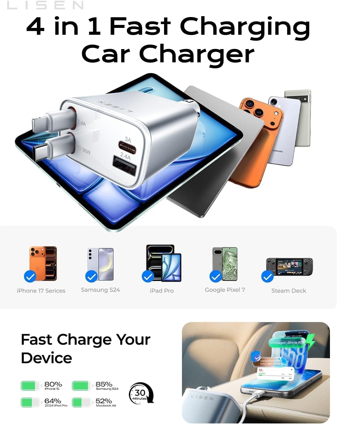 LISEN Retractable Car Charger, 84W Car Charger USB C Fast Charge, 4 in 1 | Cigarette Lighter Adapter, Car Accessories, Birthday Gifts for Men Women Dad Mom Husband, for iPhone 17 16 15 14 13 12 X