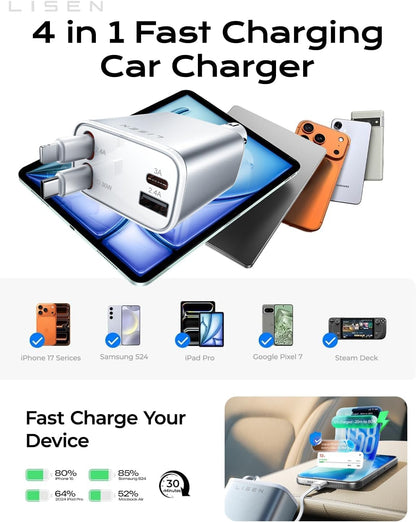 LISEN Retractable Car Charger, 84W Car Charger USB C Fast Charge, 4 in 1 | Cigarette Lighter Adapter, Car Accessories, Birthday Gifts for Men Women Dad Mom Husband, for iPhone 17 16 15 14 13 12 X