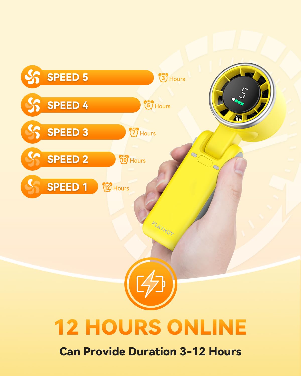 PlayHot Portable Handheld Turbo Fan, Travel Essentials, Gifts for Women/Men | 5-Speed, Up to 12H, 10m/s Airflow, USB-C Rechargeable, LED Display, 3-in-1 Foldable Personal Fan for Cruise, Beach, Vacation