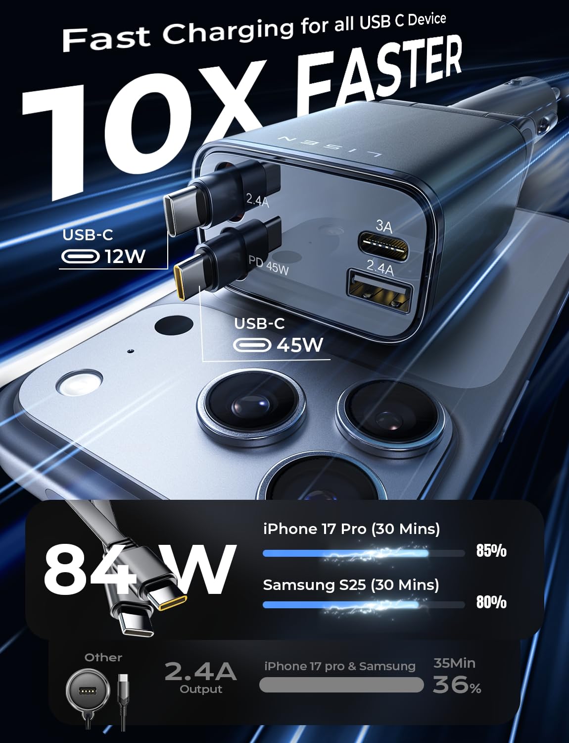 LISEN Retractable Car Charger, 84W Car Charger USB C Fast Charge, 4 in 1 | Cigarette Lighter Adapter, Car Accessories, Birthday Gifts for Men Women Dad Mom Husband, for iPhone 17 16 15 14 13 12 X