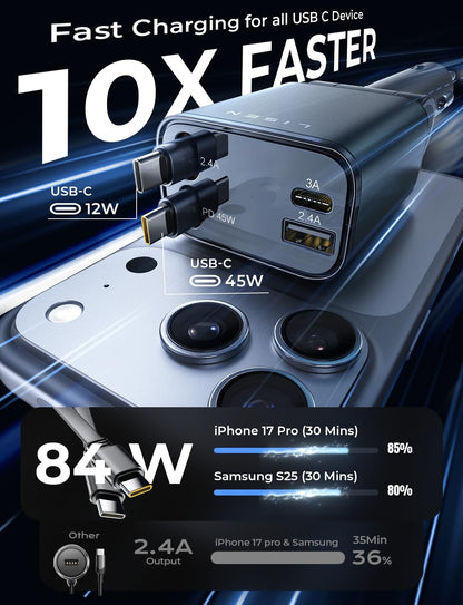 LISEN Retractable Car Charger, 84W Car Charger USB C Fast Charge, 4 in 1 | Cigarette Lighter Adapter, Car Accessories, Birthday Gifts for Men Women Dad Mom Husband, for iPhone 17 16 15 14 13 12 X