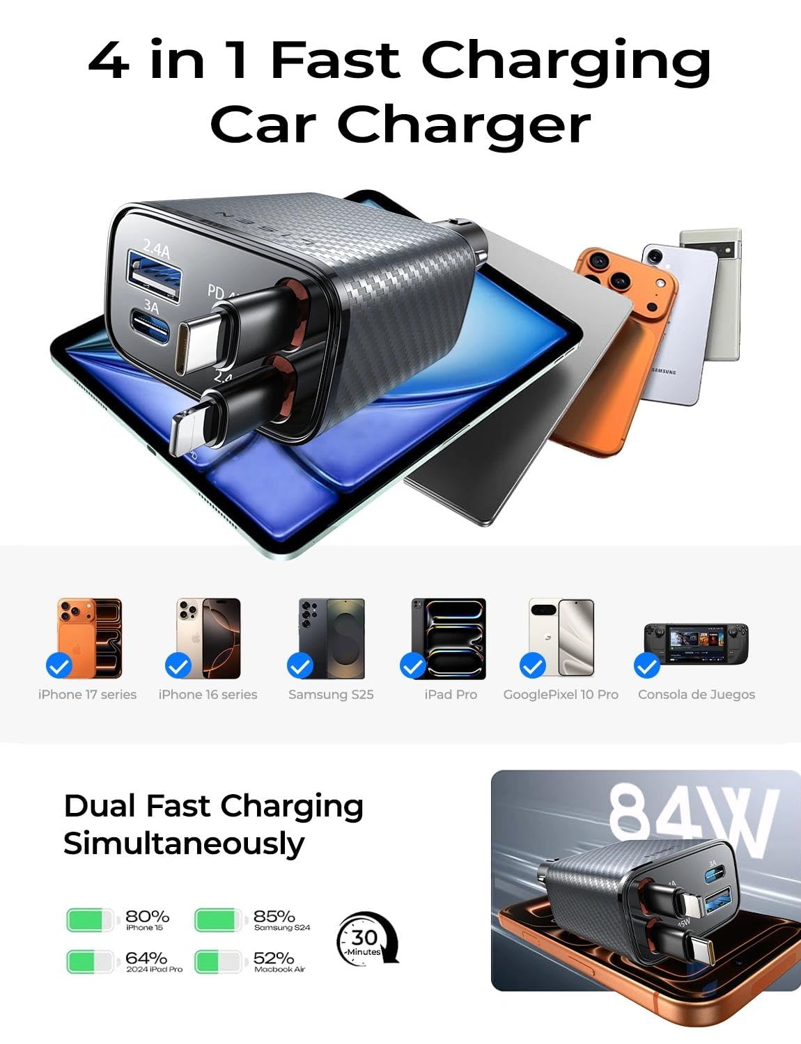 LISEN Retractable Car Charger, 84W Car Charger USB C Fast Charge, 4 in 1 | Cigarette Lighter Adapter, Car Accessories, Birthday Gifts for Men Women Dad Mom Husband, for iPhone 17 16 15 14 13 12 X