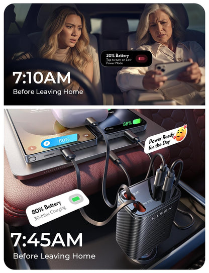 LISEN Retractable Car Charger, 84W Car Charger USB C Fast Charge, 4 in 1 | Cigarette Lighter Adapter, Car Accessories, Birthday Gifts for Men Women Dad Mom Husband, for iPhone 17 16 15 14 13 12 X