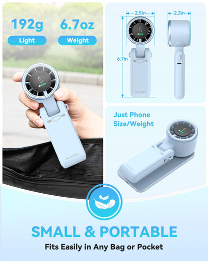 PlayHot Portable Handheld Turbo Fan, Travel Essentials, Gifts for Women/Men | 5-Speed, Up to 12H, 10m/s Airflow, USB-C Rechargeable, LED Display, 3-in-1 Foldable Personal Fan for Cruise, Beach, Vacation