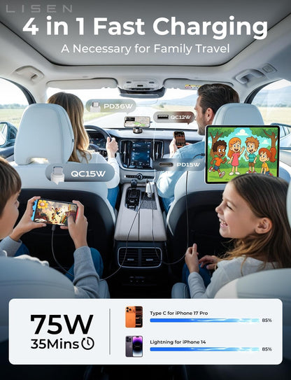 LISEN Retractable Car Charger, 84W Car Charger USB C Fast Charge, 4 in 1 | Cigarette Lighter Adapter, Car Accessories, Birthday Gifts for Men Women Dad Mom Husband, for iPhone 17 16 15 14 13 12 X