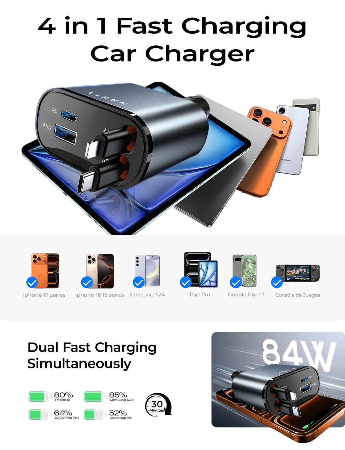 LISEN Retractable Car Charger, 84W Car Charger USB C Fast Charge, 4 in 1 | Cigarette Lighter Adapter, Car Accessories, Birthday Gifts for Men Women Dad Mom Husband, for iPhone 17 16 15 14 13 12 X