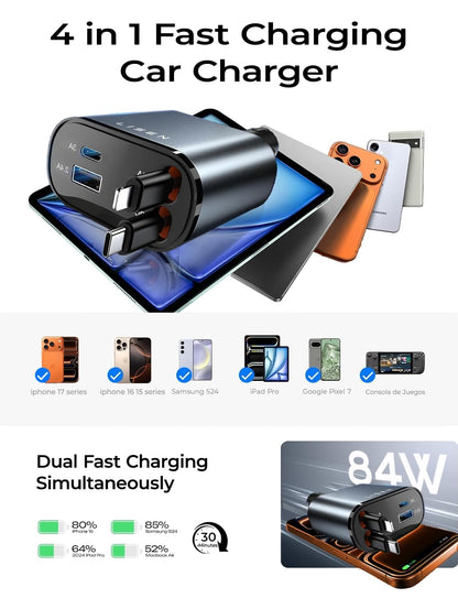 LISEN Retractable Car Charger, 84W Car Charger USB C Fast Charge, 4 in 1 | Cigarette Lighter Adapter, Car Accessories, Birthday Gifts for Men Women Dad Mom Husband, for iPhone 17 16 15 14 13 12 X