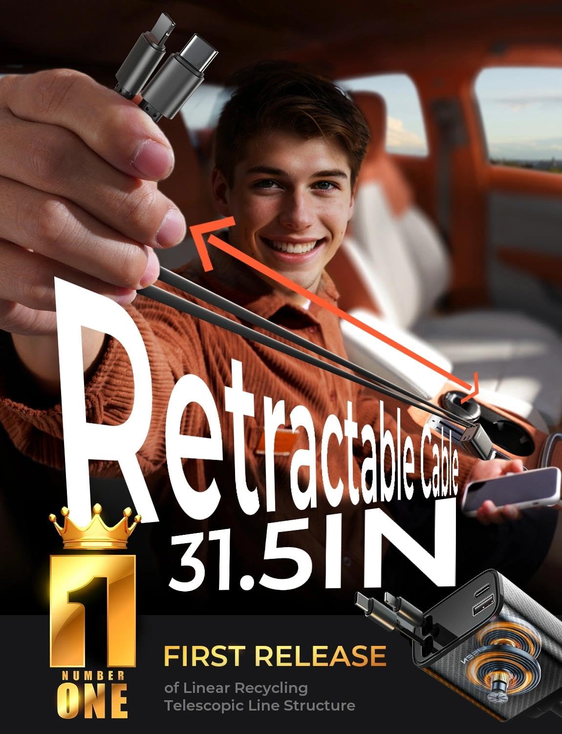 LISEN Retractable Car Charger, 84W Car Charger USB C Fast Charge, 4 in 1 | Cigarette Lighter Adapter, Car Accessories, Birthday Gifts for Men Women Dad Mom Husband, for iPhone 17 16 15 14 13 12 X