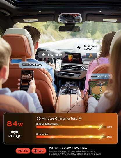 LISEN Retractable Car Charger, 84W Car Charger USB C Fast Charge, 4 in 1 | Cigarette Lighter Adapter, Car Accessories, Birthday Gifts for Men Women Dad Mom Husband, for iPhone 17 16 15 14 13 12 X