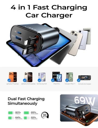 LISEN Retractable Car Charger, 84W Car Charger USB C Fast Charge, 4 in 1 | Cigarette Lighter Adapter, Car Accessories, Birthday Gifts for Men Women Dad Mom Husband, for iPhone 17 16 15 14 13 12 X