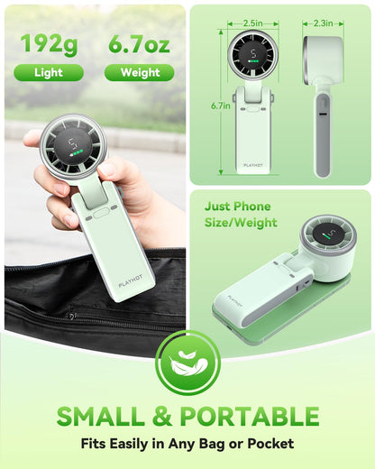 PlayHot Portable Handheld Turbo Fan, Travel Essentials, Gifts for Women/Men | 5-Speed, Up to 12H, 10m/s Airflow, USB-C Rechargeable, LED Display, 3-in-1 Foldable Personal Fan for Cruise, Beach, Vacation