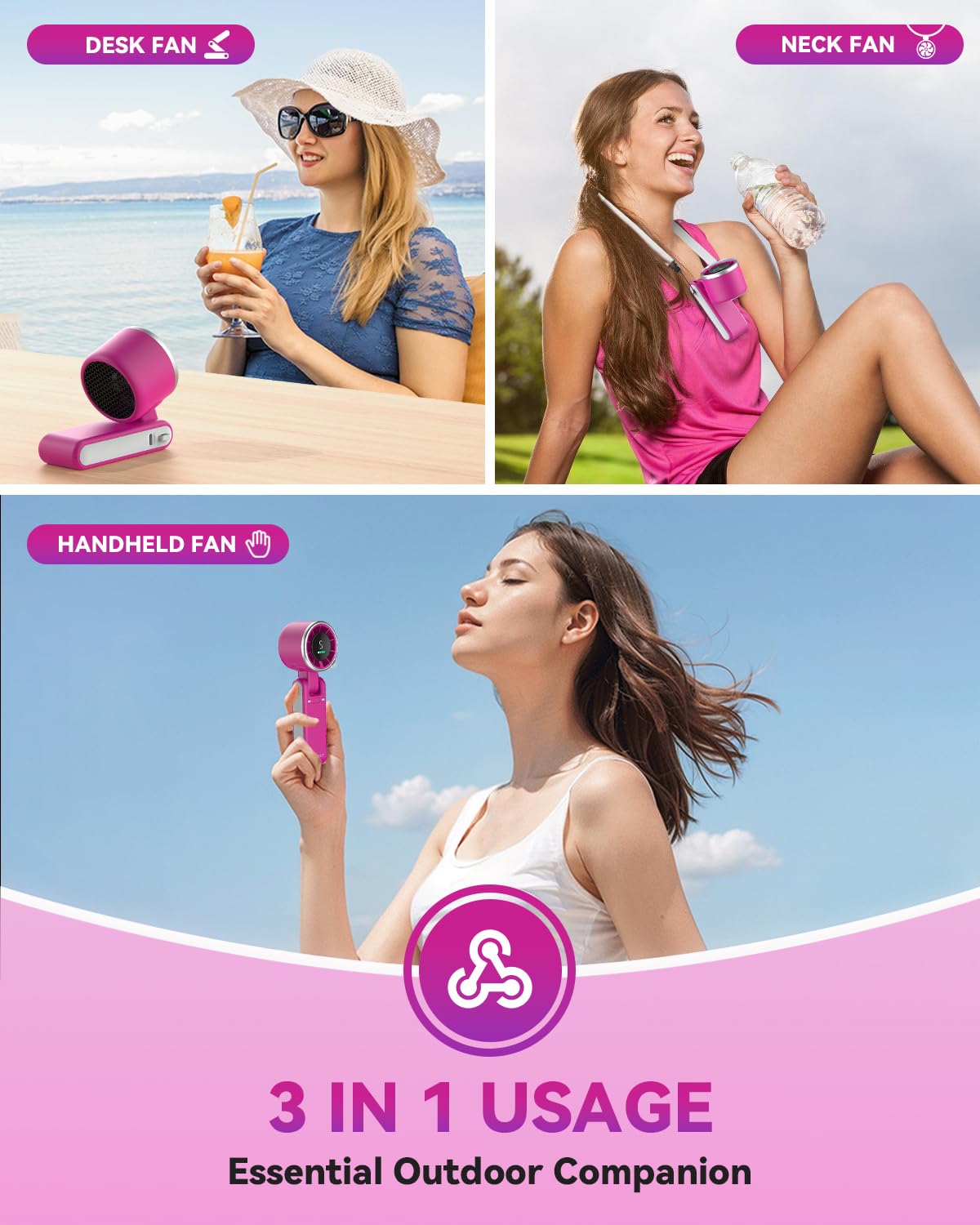PlayHot Portable Handheld Turbo Fan, Travel Essentials, Gifts for Women/Men | 5-Speed, Up to 12H, 10m/s Airflow, USB-C Rechargeable, LED Display, 3-in-1 Foldable Personal Fan for Cruise, Beach, Vacation