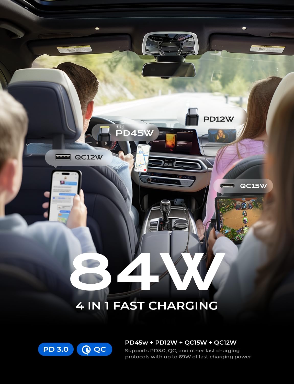 LISEN Retractable Car Charger, 84W Car Charger USB C Fast Charge, 4 in 1 | Cigarette Lighter Adapter, Car Accessories, Birthday Gifts for Men Women Dad Mom Husband, for iPhone 17 16 15 14 13 12 X
