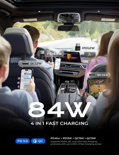 LISEN Retractable Car Charger, 84W Car Charger USB C Fast Charge, 4 in 1 | Cigarette Lighter Adapter, Car Accessories, Birthday Gifts for Men Women Dad Mom Husband, for iPhone 17 16 15 14 13 12 X