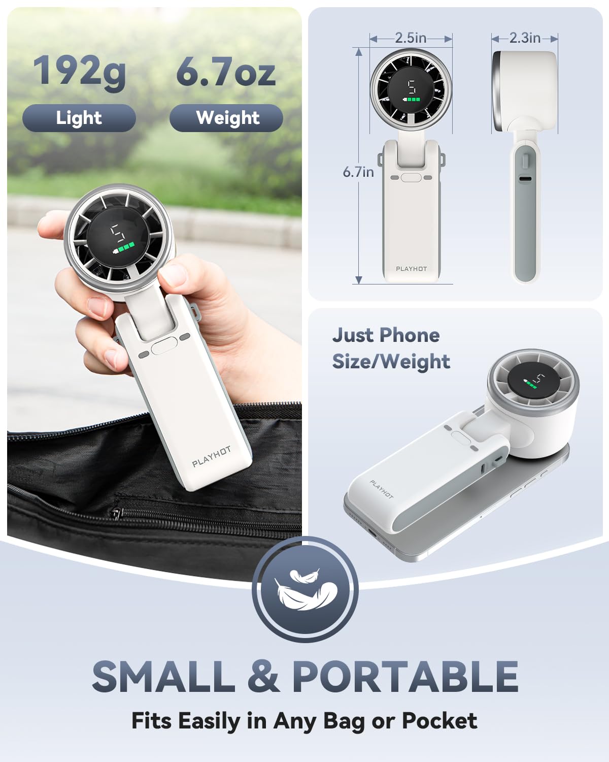 PlayHot Portable Handheld Turbo Fan, Travel Essentials, Gifts for Women/Men | 5-Speed, Up to 12H, 10m/s Airflow, USB-C Rechargeable, LED Display, 3-in-1 Foldable Personal Fan for Cruise, Beach, Vacation