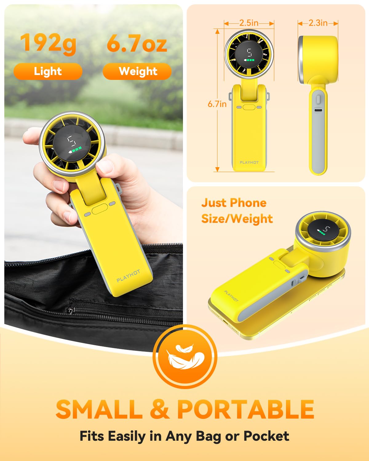 PlayHot Portable Handheld Turbo Fan, Travel Essentials, Gifts for Women/Men | 5-Speed, Up to 12H, 10m/s Airflow, USB-C Rechargeable, LED Display, 3-in-1 Foldable Personal Fan for Cruise, Beach, Vacation