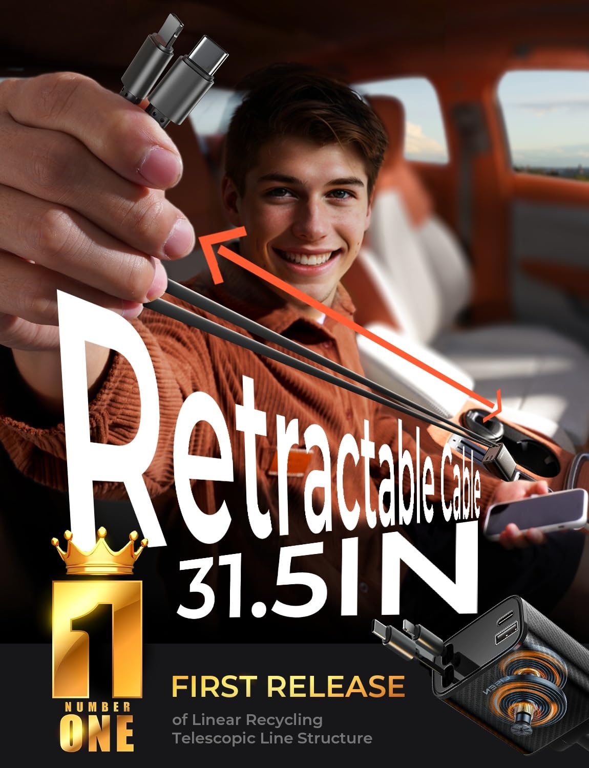 LISEN Retractable Car Charger, 84W Car Charger USB C Fast Charge, 4 in 1 | Cigarette Lighter Adapter, Car Accessories, Birthday Gifts for Men Women Dad Mom Husband, for iPhone 17 16 15 14 13 12 X