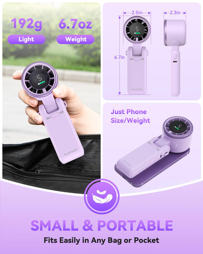PlayHot Portable Handheld Turbo Fan, Travel Essentials, Gifts for Women/Men | 5-Speed, Up to 12H, 10m/s Airflow, USB-C Rechargeable, LED Display, 3-in-1 Foldable Personal Fan for Cruise, Beach, Vacation