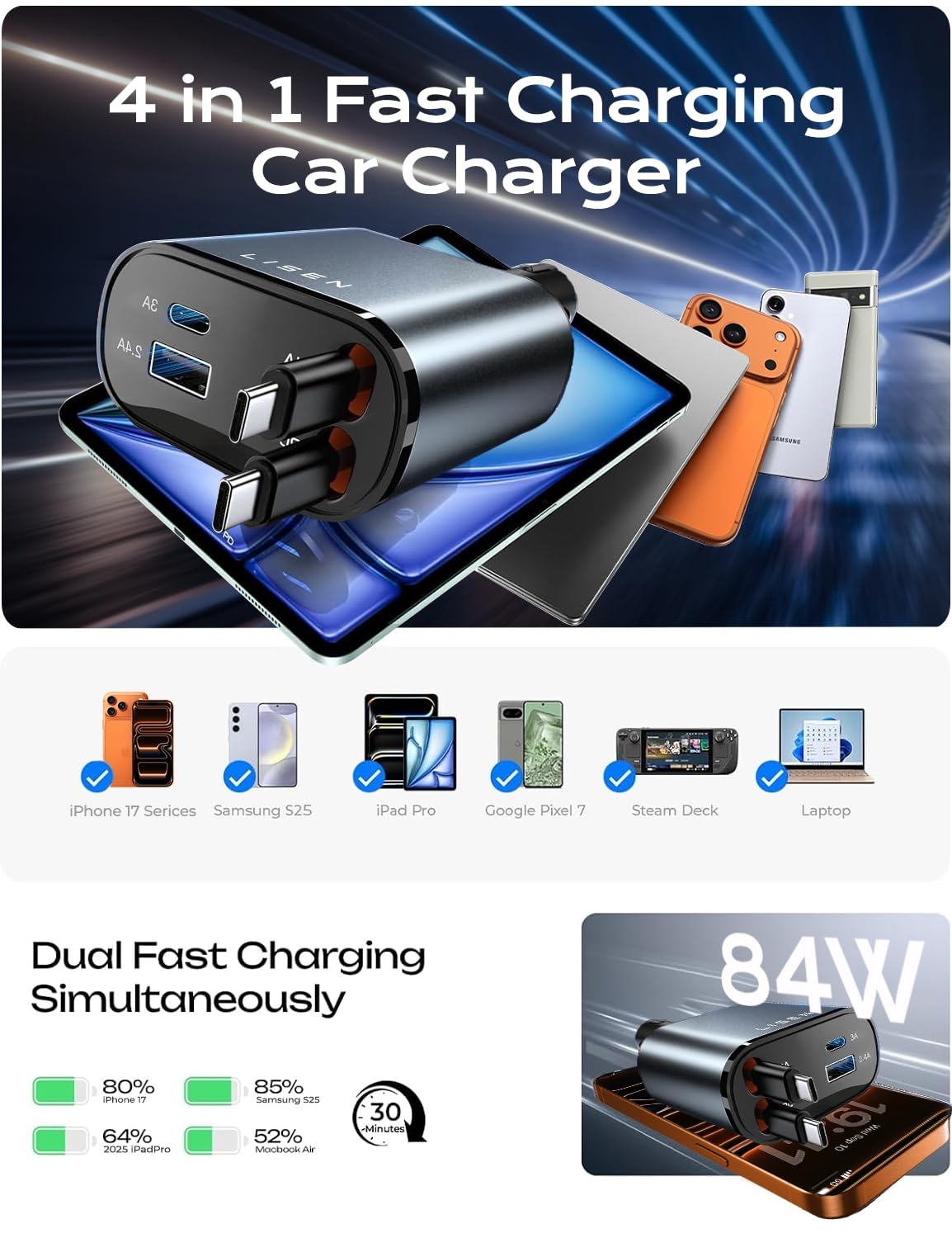 LISEN Retractable Car Charger, 84W Car Charger USB C Fast Charge, 4 in 1 | Cigarette Lighter Adapter, Car Accessories, Birthday Gifts for Men Women Dad Mom Husband, for iPhone 17 16 15 14 13 12 X