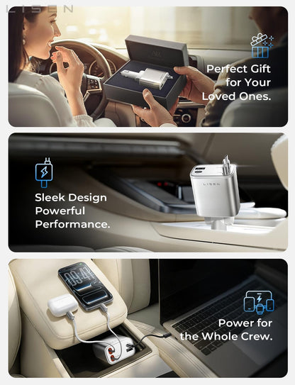 LISEN Retractable Car Charger, 84W Car Charger USB C Fast Charge, 4 in 1 | Cigarette Lighter Adapter, Car Accessories, Birthday Gifts for Men Women Dad Mom Husband, for iPhone 17 16 15 14 13 12 X