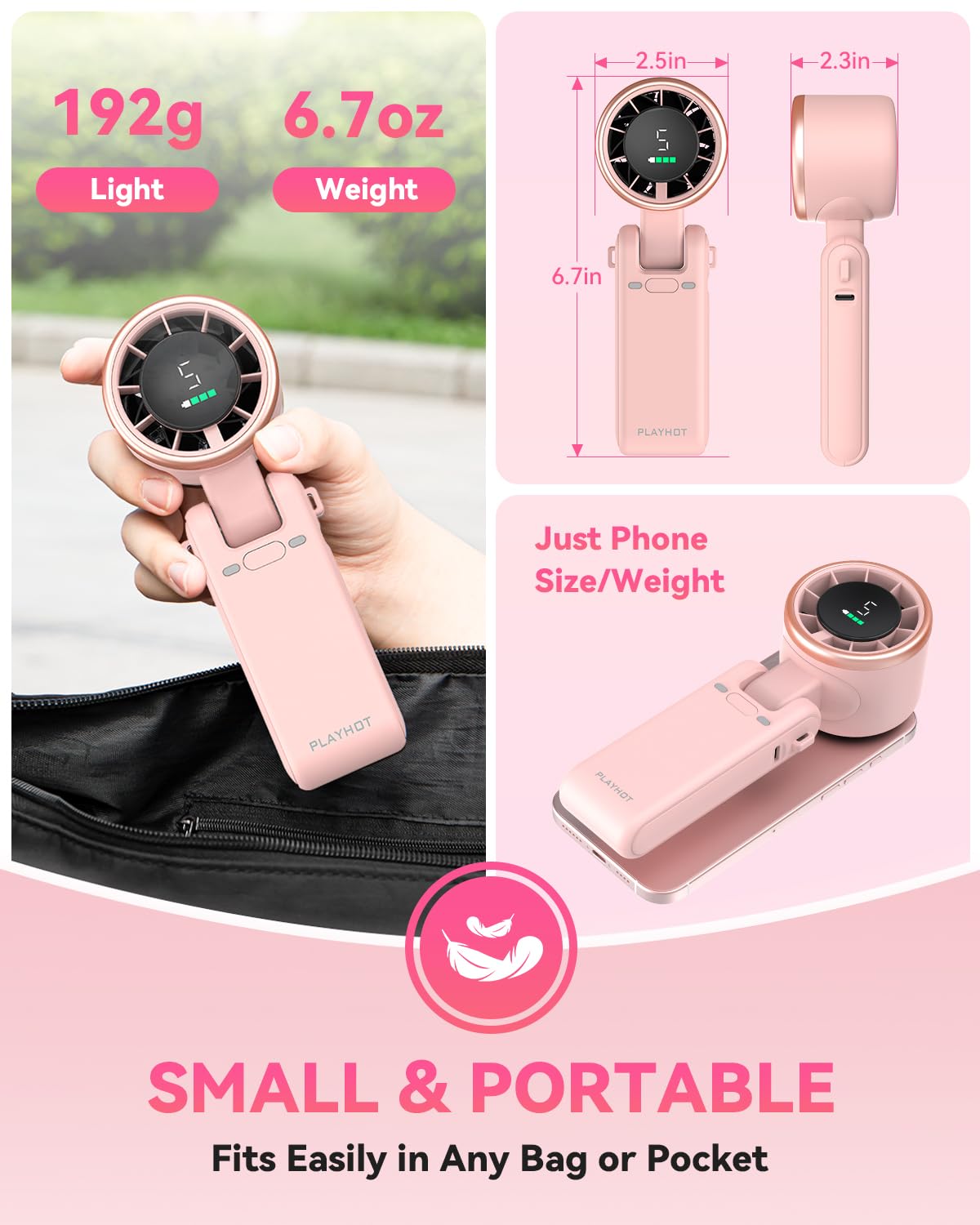 PlayHot Portable Handheld Turbo Fan, Travel Essentials, Gifts for Women/Men | 5-Speed, Up to 12H, 10m/s Airflow, USB-C Rechargeable, LED Display, 3-in-1 Foldable Personal Fan for Cruise, Beach, Vacation