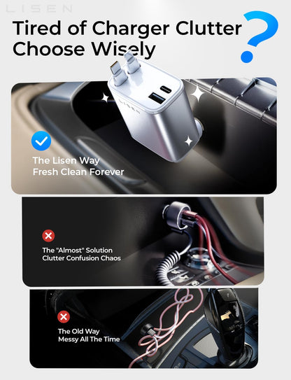 LISEN Retractable Car Charger, 84W Car Charger USB C Fast Charge, 4 in 1 | Cigarette Lighter Adapter, Car Accessories, Birthday Gifts for Men Women Dad Mom Husband, for iPhone 17 16 15 14 13 12 X